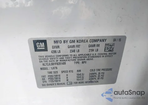 2015 Chevrolet Trax Lt из США, поврежденный, VIN KL7CJLSB1FB201409